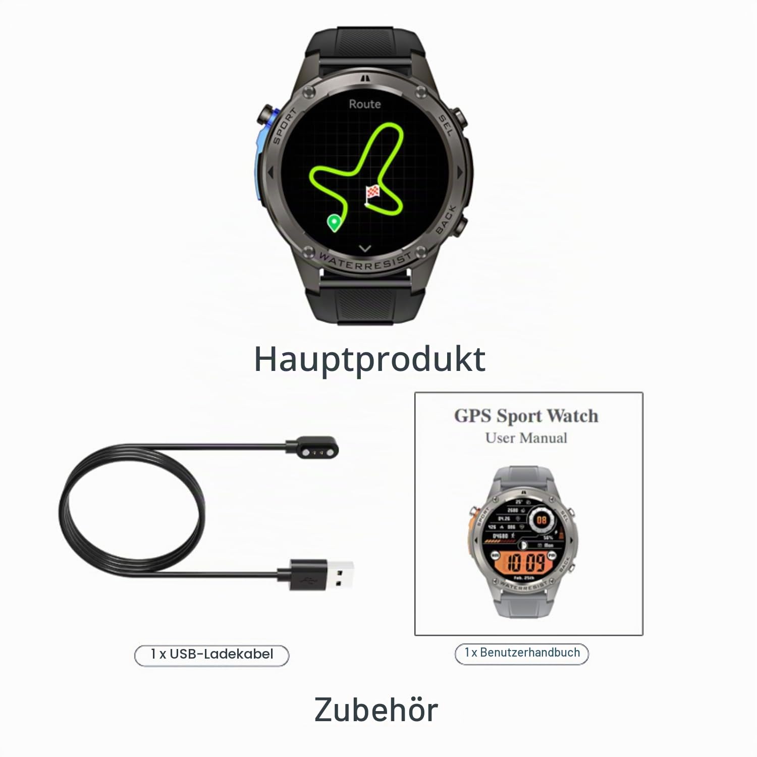 AIEK Smartwatch Herren mit GPS, Bluetooth-Anrufe/Kompass, 5ATM Wasserdicht, 1.43" AMOLED, Sportuhr mit Puls-Schlaf-Schritte, 500mAh/170+ Sportmodi Fitnessuhr für iOS Android(Schwarz)