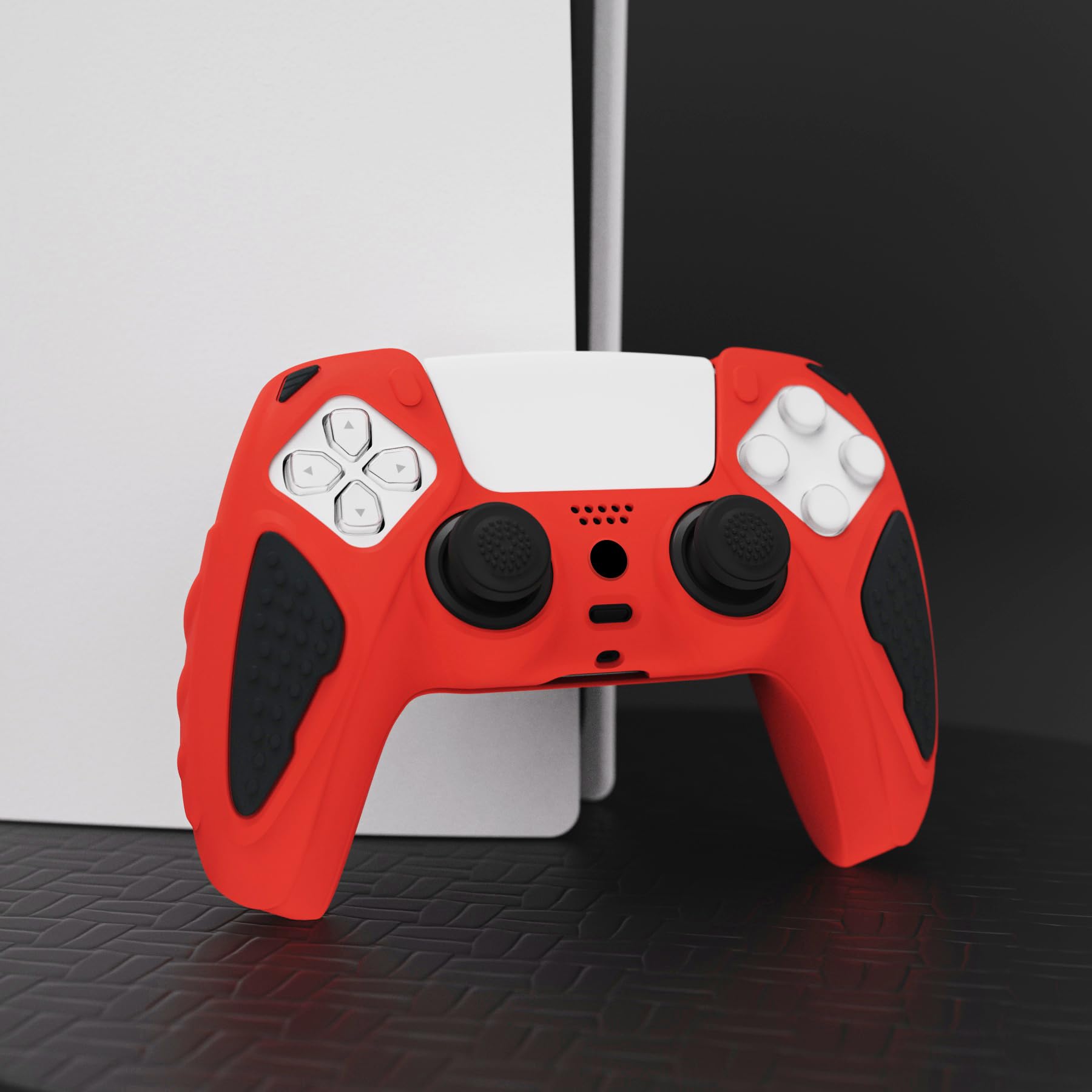 PlayVital Knight Edition Passion Red & Black Two Tone Anti-Slip Silicone Cover Skin for ps5 Controller, Soft Rubber Case for ps5 Wireless Controller with Thumb Grip Caps - 3