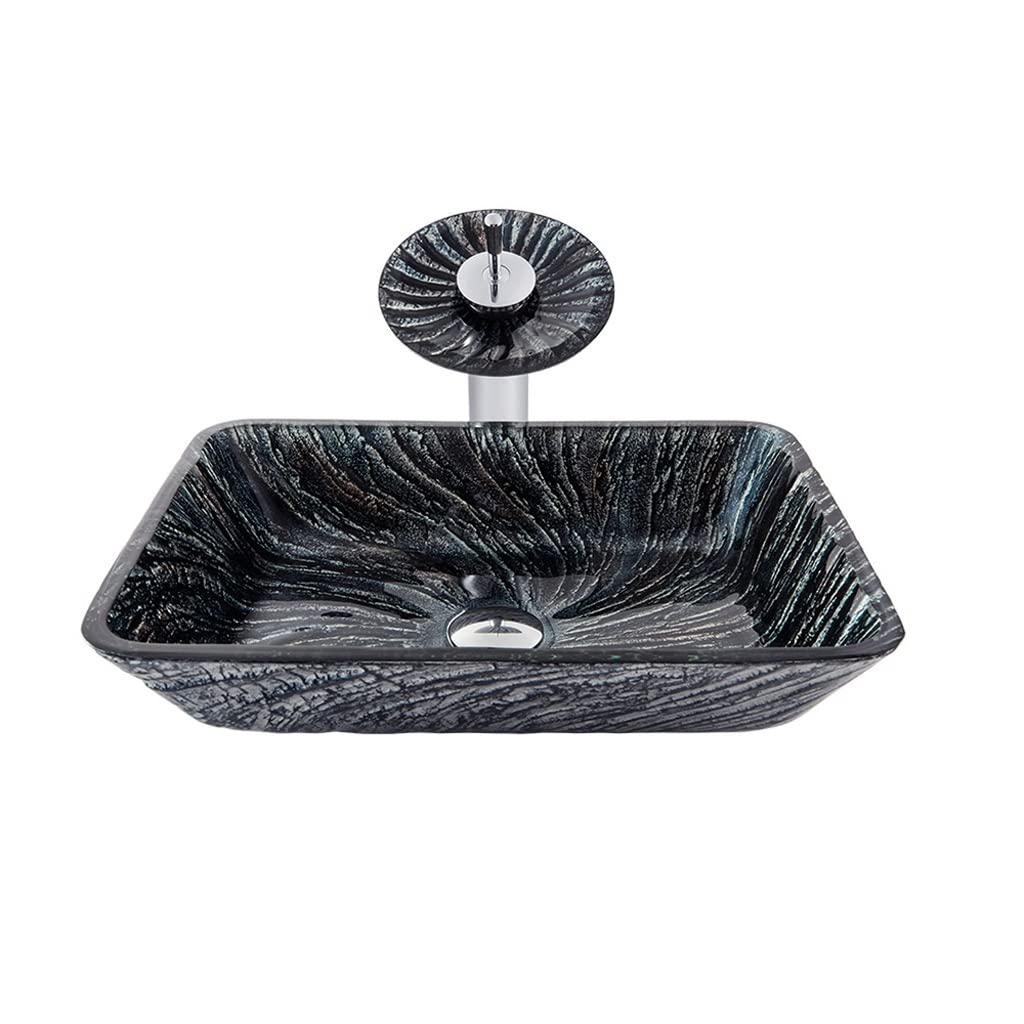 ADERFETBI Bathroom Sink Bathroom Vessel Sink Rectangular Countertop Vanity Art Tempered Glassware Cabinet(Sink set)