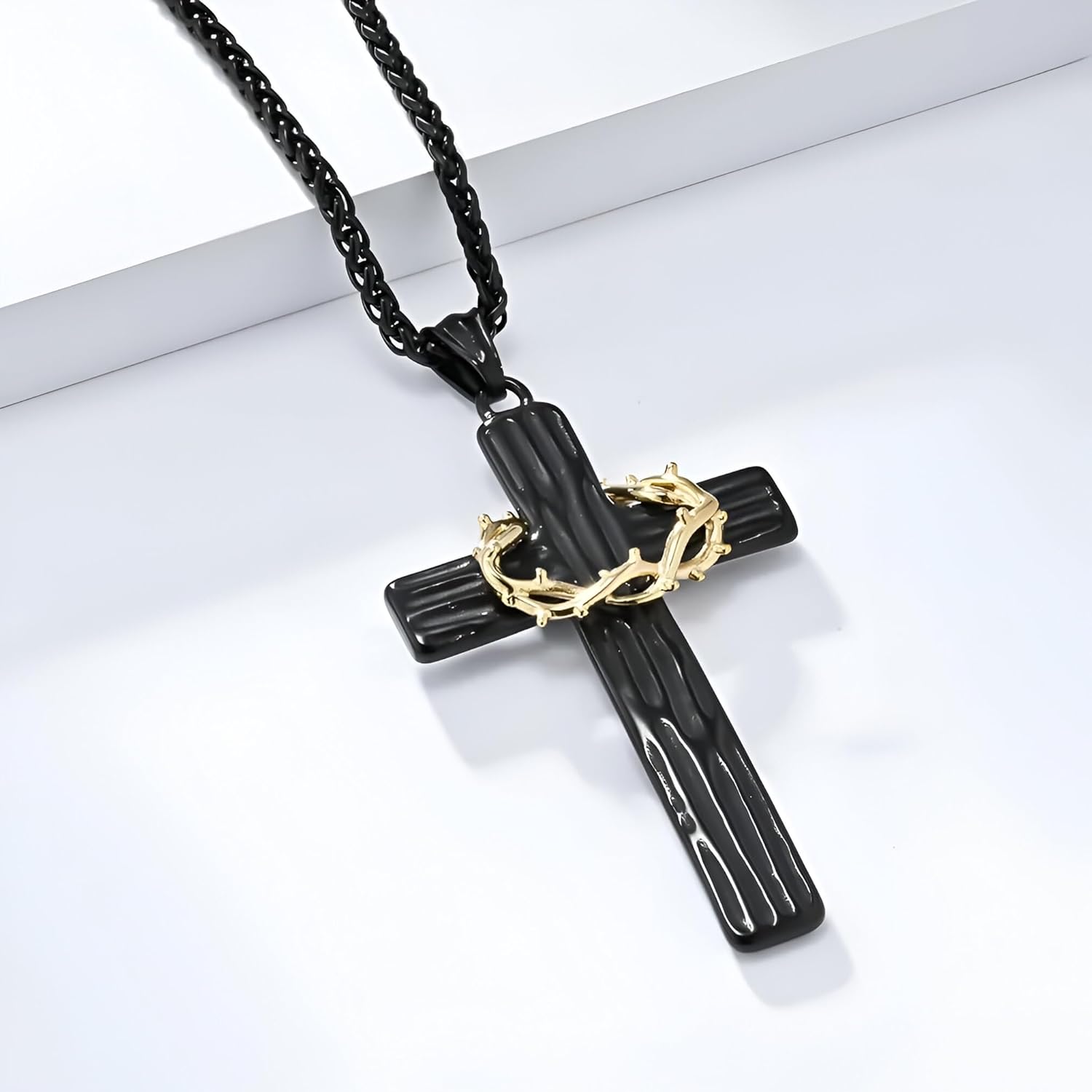 LUSSO 925 Sterling Silver Crown Cross Necklace For Men - Retro Crucifix Of Thorns Pendant, Jesus Christ Cross Chain With Diadem, Faith Cross Jewelry, Vintage Cross Necklace For Women - Image 2