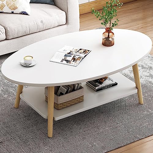 Anmas Power Table Basse Ovale Moderne Table,Double Couche en Bois avec étagère Épaisseur de la Planche 15 mm, Blanc End Table avec Pieds en pin pour Salon...