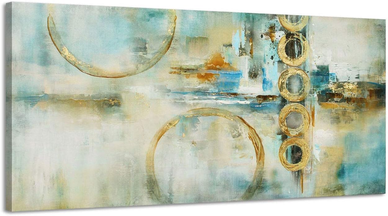 Large Abstract Canvas Wall Art Living Room Wall Decor Modern Giclee Print Artwork Hang in Bedroom Office Home Wall Decoration Golden Circle Green Gray Abstract Picture Framed Easy to Hang