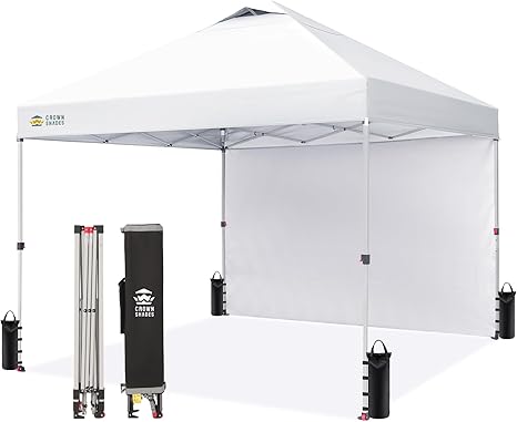 CROWN SHADES 10x10 Pop Up Canopy with 1 Side Wall - Beach Tent with One Push Setup - Outdoor Sun Shade for Events, Parties, Camping - Gazebo with STO-N-Go Cover Bag (White)