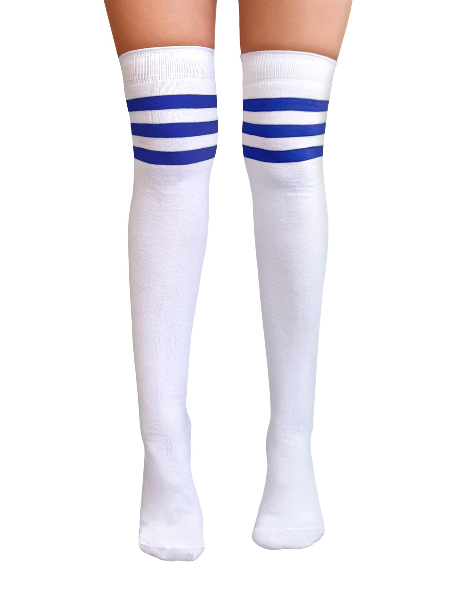 Nujake Girls White With Blue Referee Style Over The Knee Cotton Rich Socks (White With Blue)
