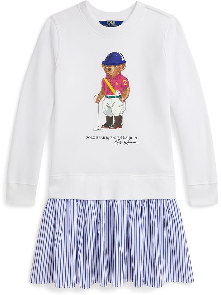 White Polo Ralph Lauren Polo Bear Striped-skirt Fleece Dress (big Kid)