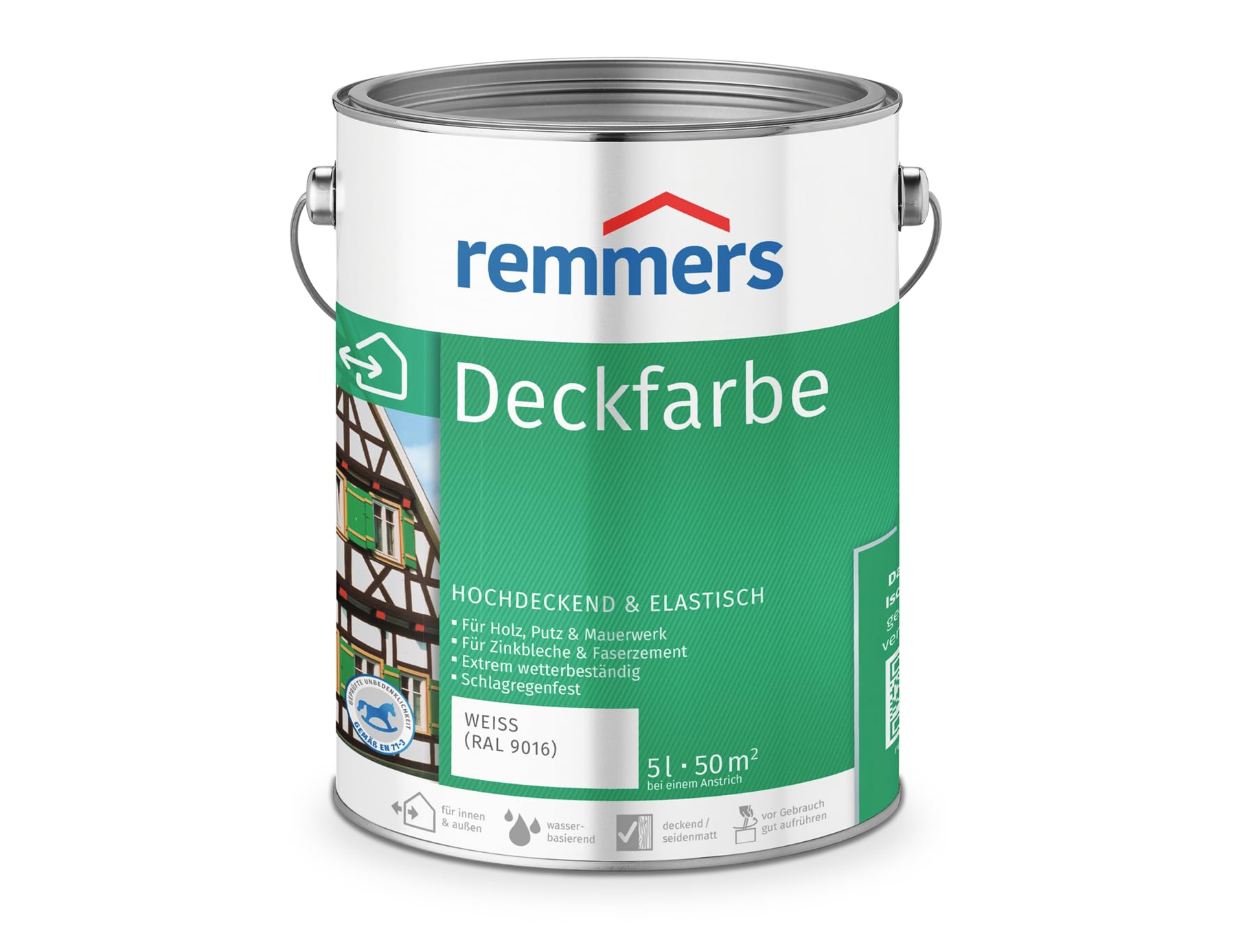 Remmers Deckfarbe weiß (RAL 9016), 5 Liter, Deckfarbe für innen und außen, Wetterschutzfarbe viele Untergründe, hochdeckend, wetterfest