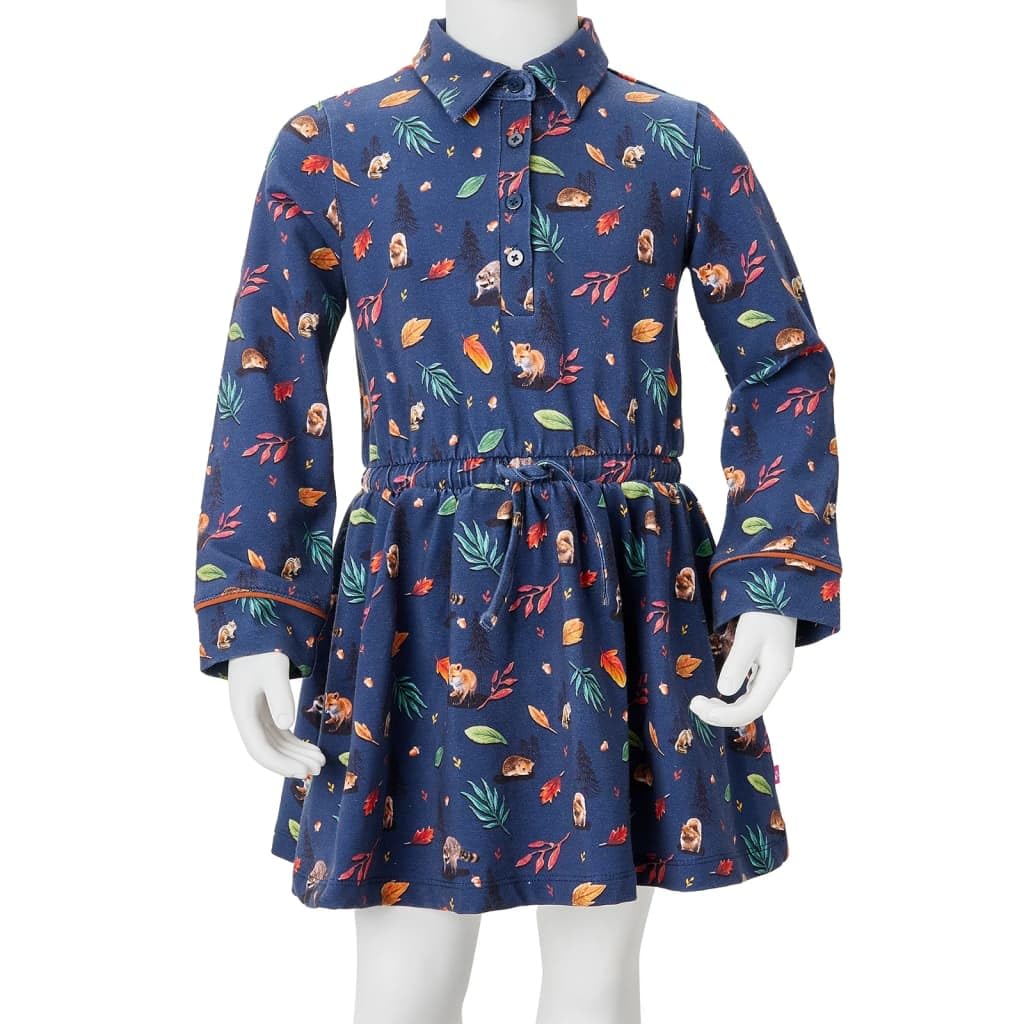 Vestido infantil de manga larga azul marino para niñas, vestido de fiesta con estampado de hojas, algodón elastano, cómodo, transpirable, adecuado para guardería, cumpleaños, fiesta