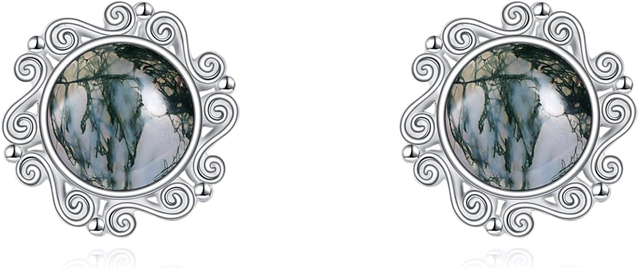 Sterling Silver Lapis Lazuli/Larimar/Black Onyx/Moonstone/Moss Agate/Emerald/Pink Opal Stud Earrings Boho Jewelry Christmas Gifts for Women Girls