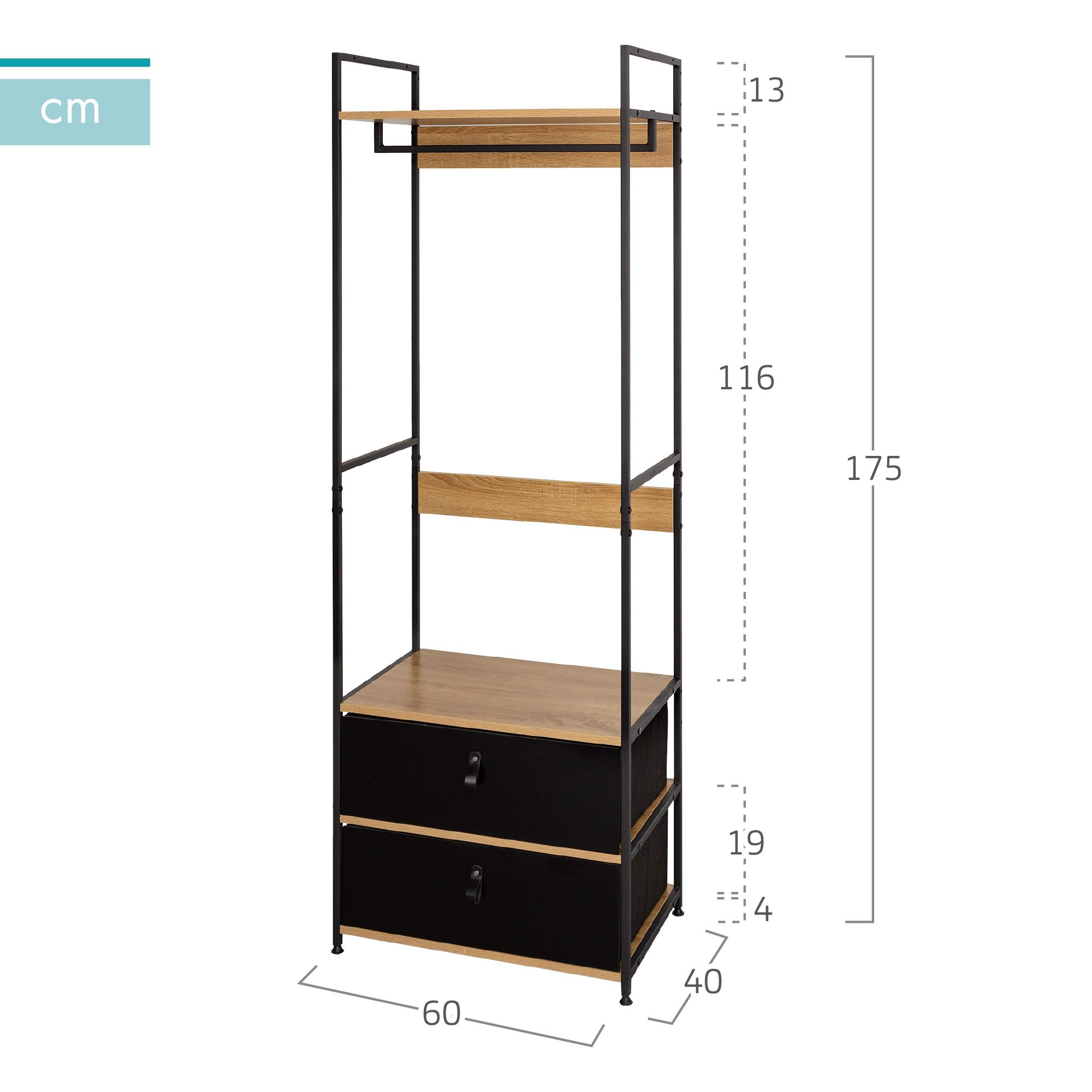 AKTIVE Max Home Armario abierto, 60x40x175 cm, Con perchero y cajones de tela, De acero y madera, Máx. 30 kg, Vestidor, Armarios dormitorio, Estanterías almacenaje, Organizador ropa (18433)