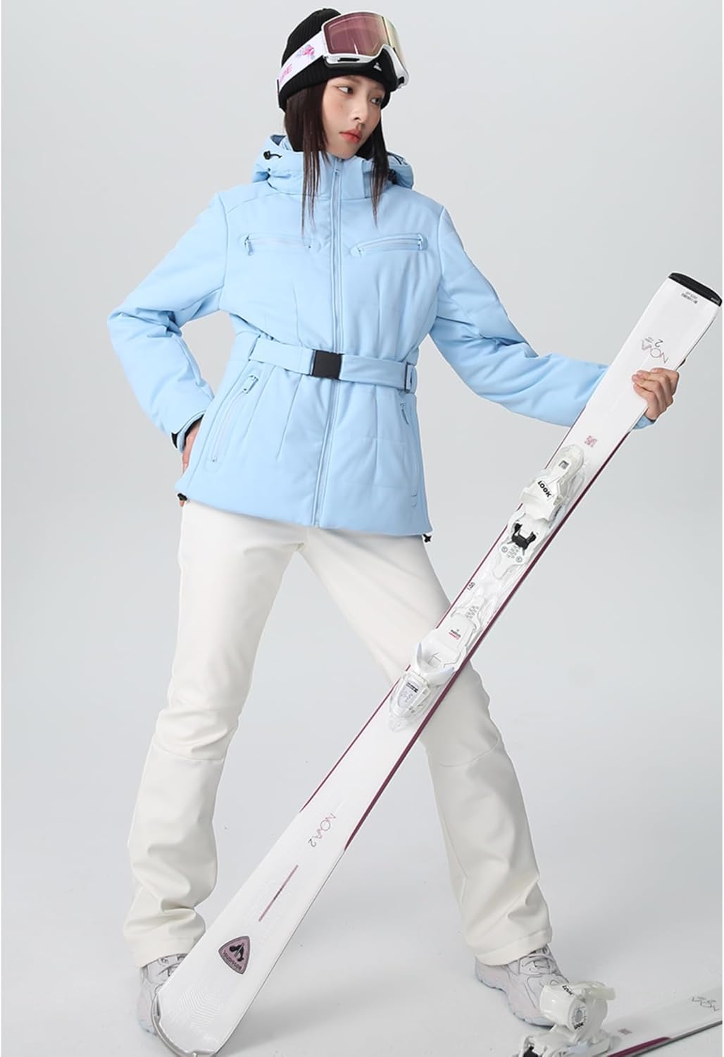 Women Slim Skiing Jackets with Belt Insulated Snowboarding Coat Hooded Snow Coat Elasticity Ski Jacket