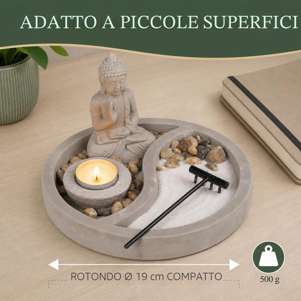 Mijoma Statuetta di Buddha su piatto di cemento con porta candeline, rastrello, pietre decorative e sabbia, set da giardino Zen per la pace e l'armonia (Ø 19 cm)