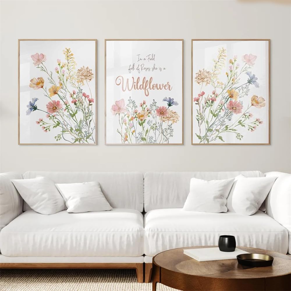 3 Pieces Meadow Flowers Poster In A Field Of Roses She Is A Wildflower Prints Wall Art Canvas Painting Framed Artwork for Living Room Nursery Decoration with Inner Frame