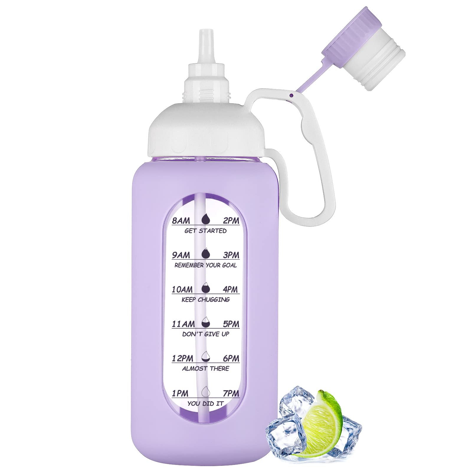 MUKOKO 64oz Glass Water Bottles with Straw, Half Gallon Water Bottle with Time Marker, Motivational Water Bottle with Silicone Sleeves,Large Glass Water Bottle for Gym,Working,Outdoor,Purple