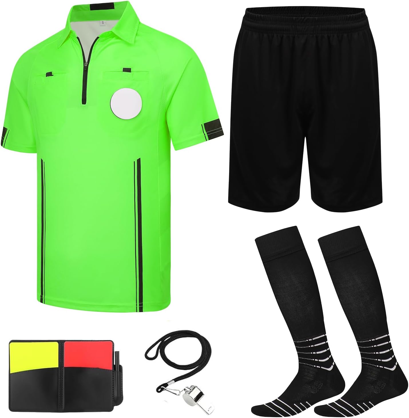 VKT Soccer Referee Kit Soccer Referee Shirt Jersey Shorts Ref Socks Whistle Red Yellow Card for Men & Women Halloween Costume