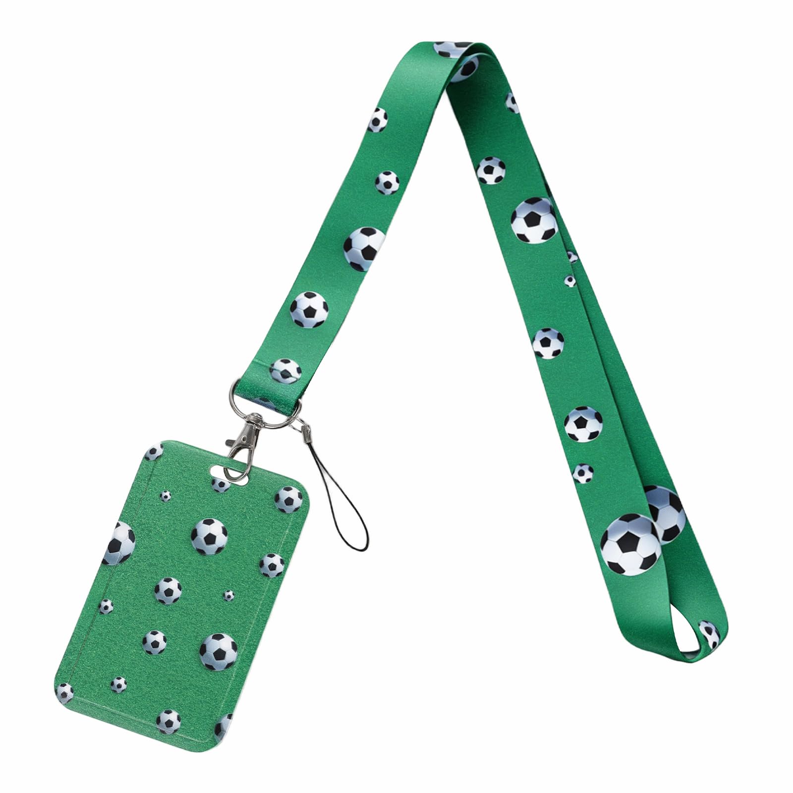 Football Pattern Lanyard with Card Holder, Neck Lanyard with Sliding Badge Holder for ID Cards Keys, Neck Strap with Hard Vertical Card Protector for Office School Exhibitions Sport Events (Green)