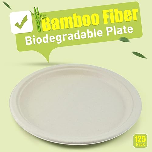 Miniatura 2 de Green Earth, Platos compostables de 10 pulgadas, 125 unidades, fibras de bambú naturales, vajilla diaria - biodegradable - forma redonda desechable