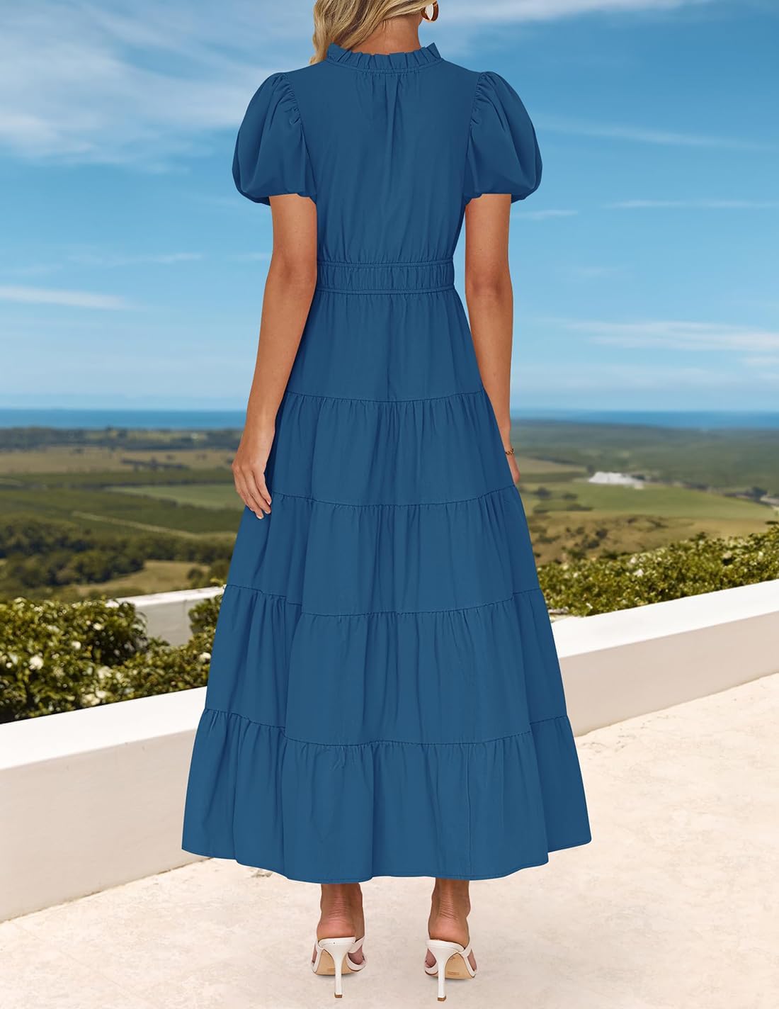 ZESICA Women's Summer Casual Maxi Dress 2026 Puff Short Sleeve V Neck Ruffle Tiered Flowy Boho Beach Dresses - Image 3