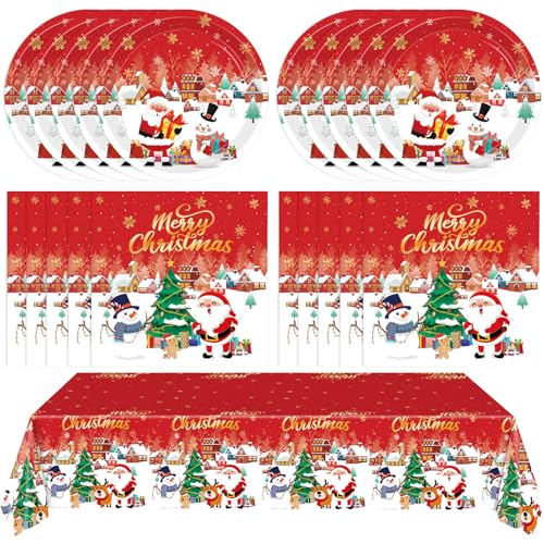 Image of 41 PCS Christmas Party Decorations,Christmas Table Decorations Xmas Party Tableware Set Include Disposable Christma Paper Plates Napkins and Tablecloth,Xmas Holiday Party Serves 20 Guests