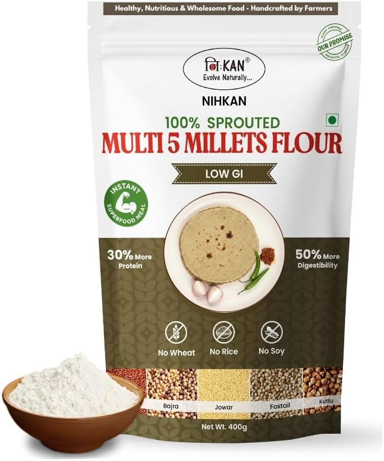 NIHKAN Multigrain Sprouted Millets Flour - 400g | Sugar Control Atta For Weight Loss & Diabetes | Gluten Free, No Wheat, No Rice, Low GI | Mix of 5 Sprouted Millets Ragi, Jowar, Bajra, Foxtail millets