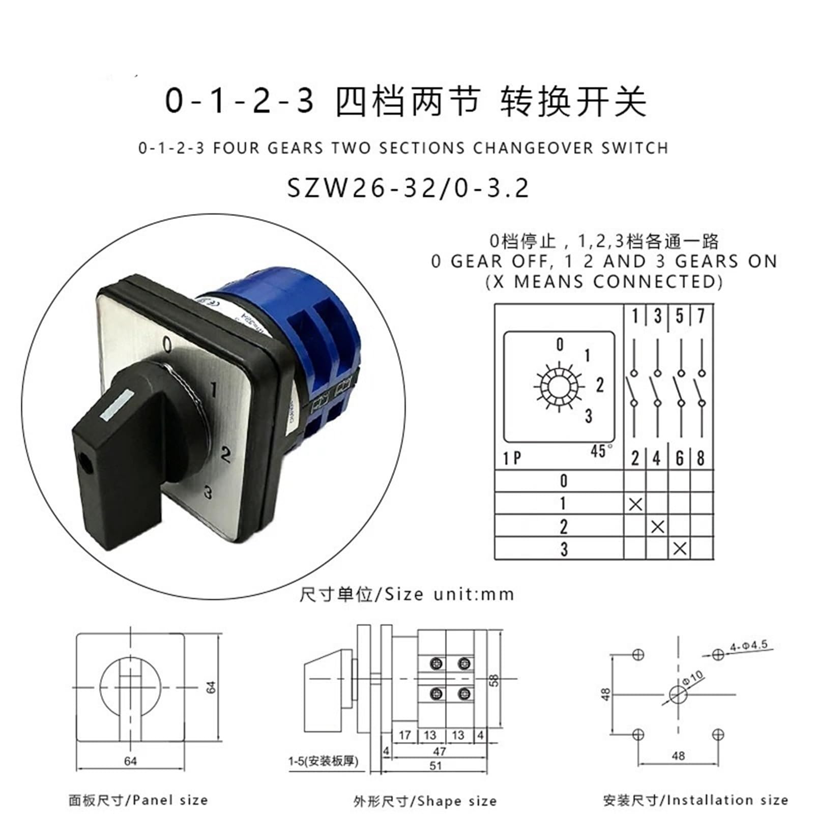 SZW26/LW26-32/0-3.2 32A 660V 4 Posizioni 2 Fasi 8 Commutatore Rotativo Universale a Camme 1 Pz