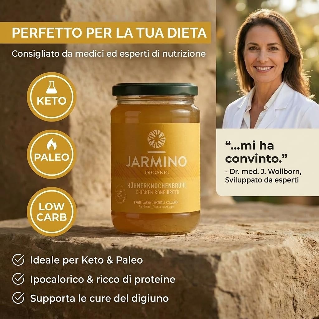 JARMINO brodo biologico di ossa di pollo (6 x 350 ml) | acido ialuronico, collagene e proteina naturale | bone broth | bevanda salutare o come base per zuppe e salse