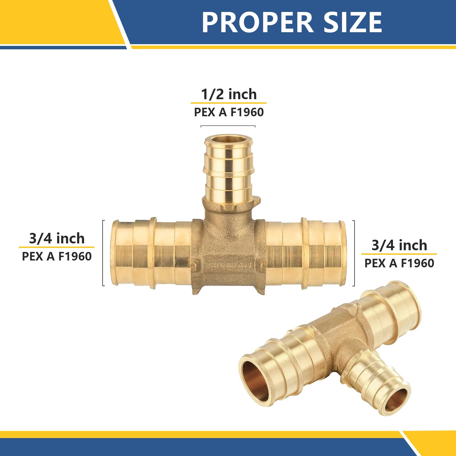 Accesorios de expansión PEX-A de 3/4 x 3/4 x 1/2 pulgadas, T de latón F1960, accesorios de expansión PEX para tubos Pex A (paquete de 10) (PEX1960120)
