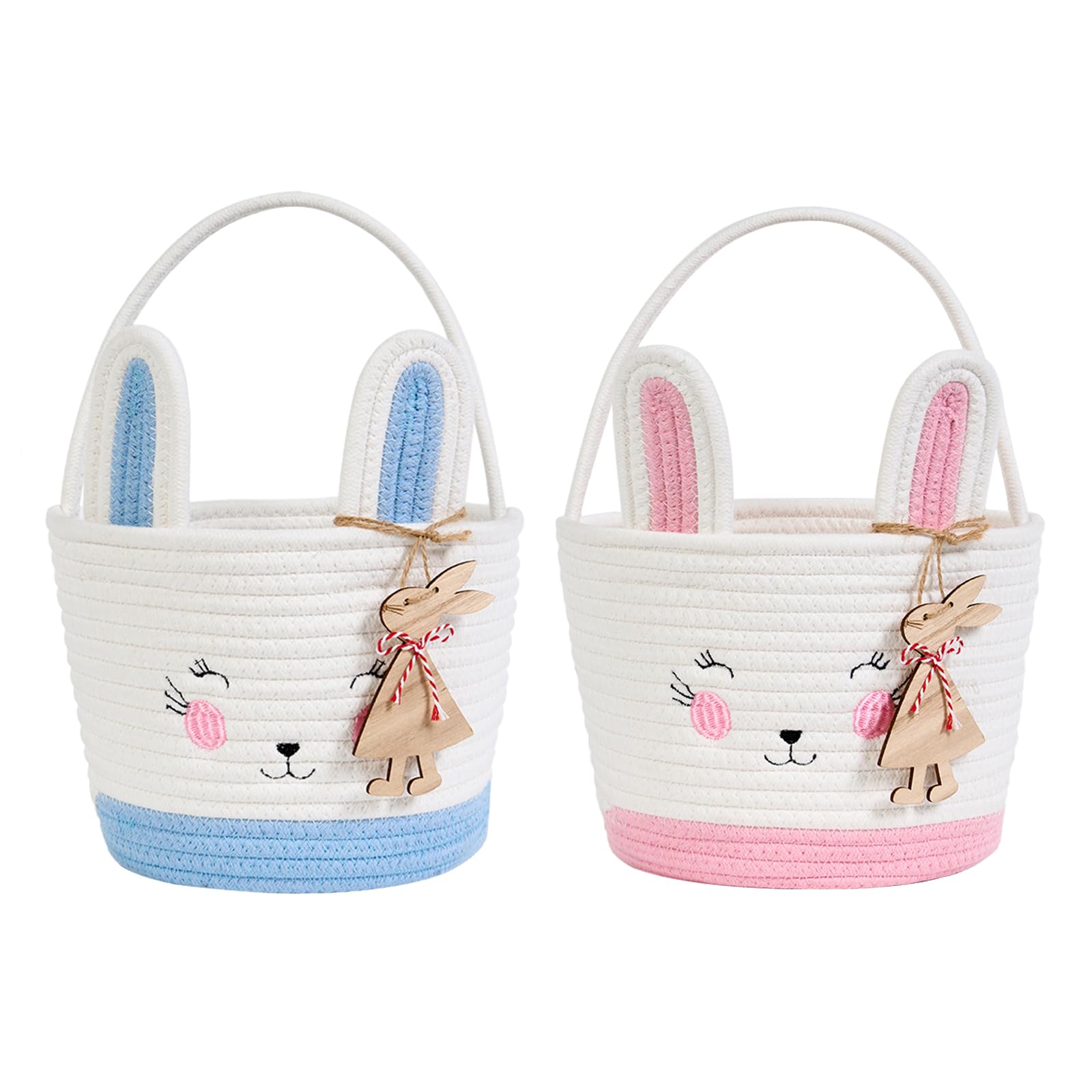 2 Pack Easter Bunny Baskets with 2 Wooden Bunny Ornaments, Egg Hunt Baskets, Easter Gift Baskets for Egg Hunting, Candy, Easter Decorations (pink+blue) - 2
