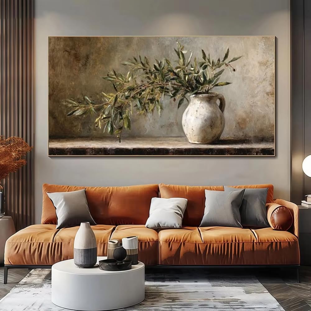 AEFOUU Modern Olive Branch in White Pot Green Beige Brown Tone Olive Tree Wall Poster Living Room Minimalist Decor Pictures(30x60cm/12x24in/Internal Frame)