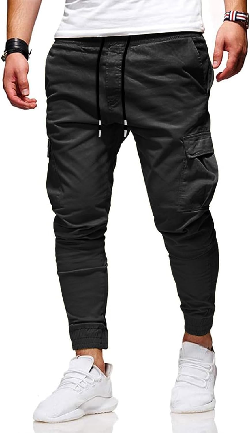 HUNGSON Men's Slim Fit Casual Cargo Pants with Drawstring Long Pants - Image 3