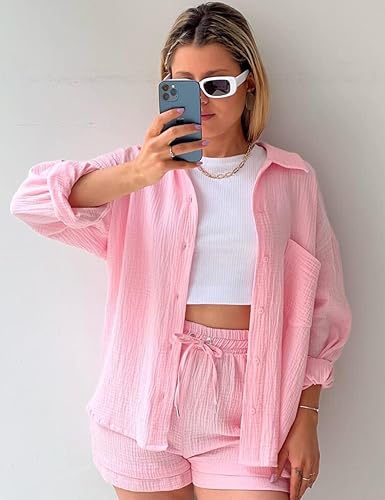 Vista 3 de Flygo Conjunto casual de 2 piezas para mujer, conjunto de algodón y lino, camisa de manga larga y pantalones cortos a juego