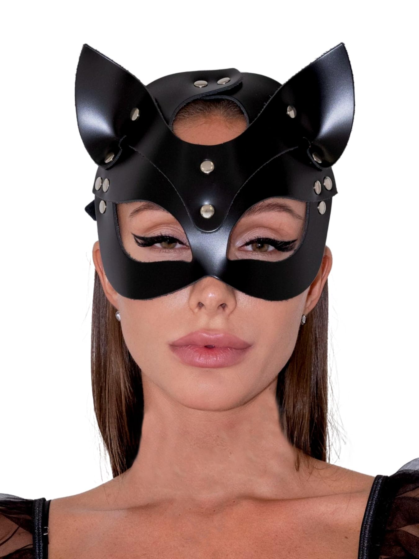 warandod Women Faux Leather Mask with Alloy, Adjustable Fashion Face Mask for Masquerade, Gothic Punk Festival Costume Accessory(Head 20.5–26.4 in)-picture-21
