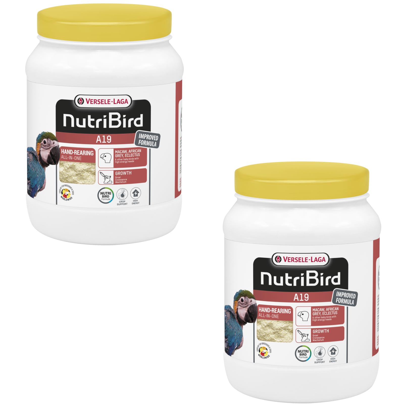 Versele-Laga NutriBird A19 | Confezione Doppia | 2 x 800 g | Mangime per l’allevamento a mano di ara, pappagalli grigi, pappagalli ecletto e altri uccelli giovani con elevato fabbisogno energetico