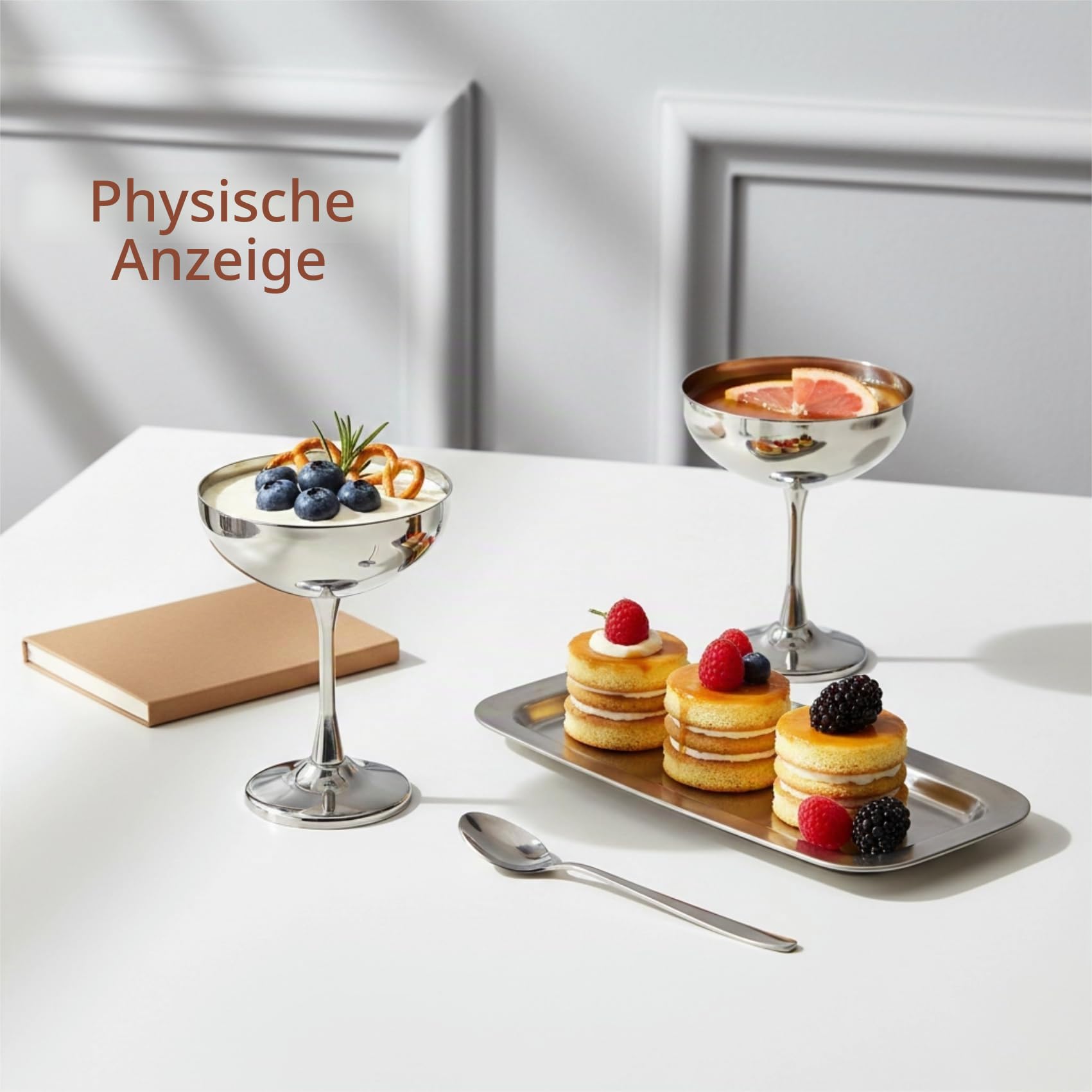 4 Stück Eisbecher Edelstahl Set, Dessertgläser mit Standfuß Bruchsicher Spülmaschinenfest Dessertschalen für Eis,Fruchtpudding,Salat Modernes Design für Zuhause (Silber und Groß-270ML)