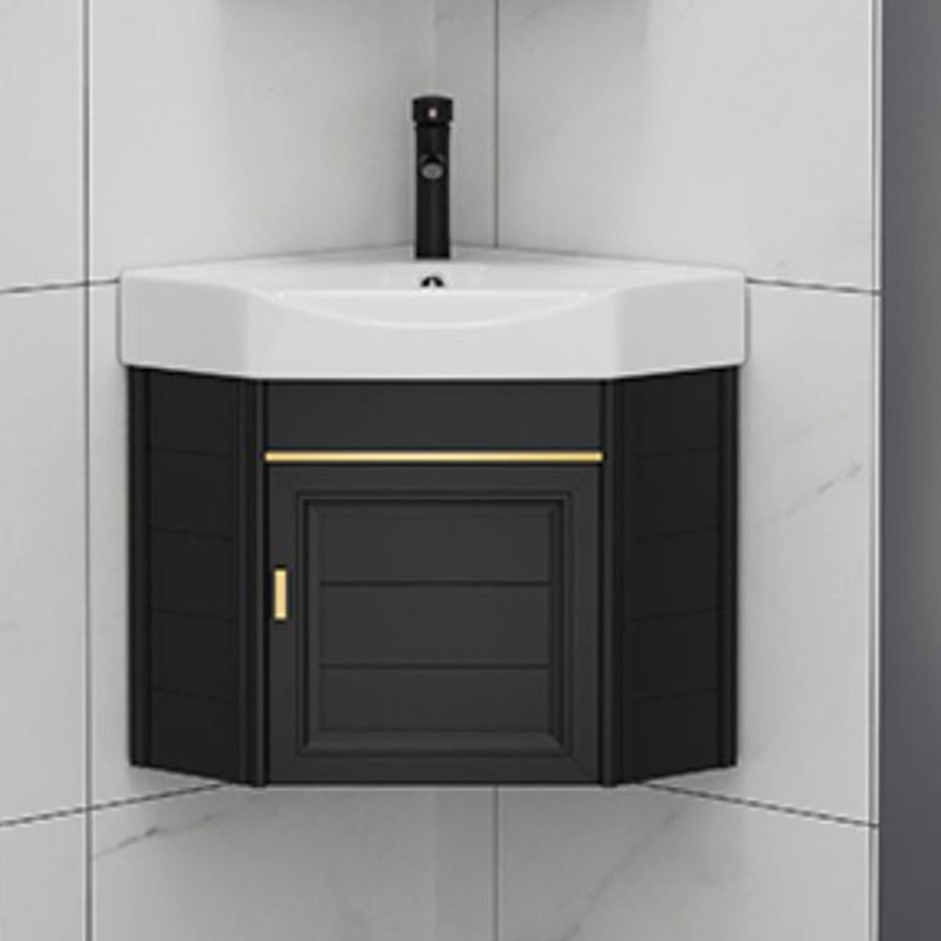 Corner Bathroom Vanity Cabinet With Ceramic Sink Wall Mounted Laundry Tub Combo Storage Shelf Hot & Cold Faucet Utility Washing Hand Basin.,Black-38x38x42cm