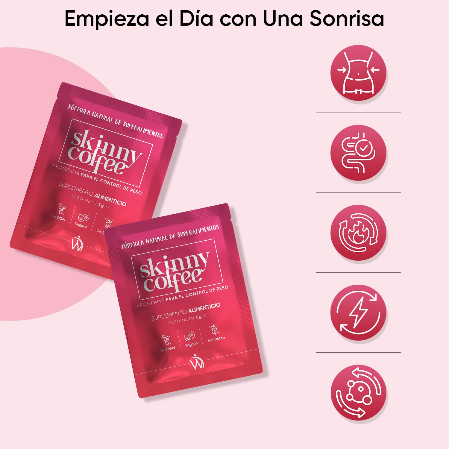 Cafe Soluble Arábica Skinny Coffee Programa Dietético de 28 Días - Con Cafe Verde, L-Carnitina, Guaraná y Té Verde, Chlorella, Fórmula Vegana y Natural de Café Instantáneo, Sin OGM ni Gluten