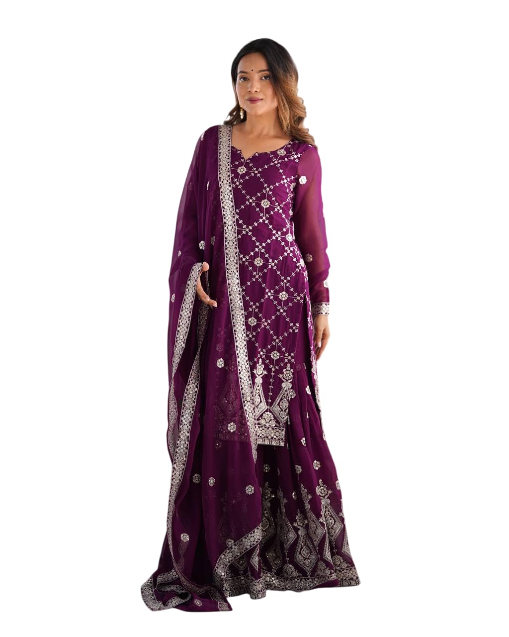 Georgette Embroidery Work Straight Kurta With Sharara Suit and Dupatta Set-image-1