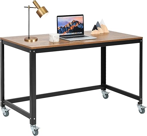 Escritorio para computadora de 48 pulgadas con ruedas, mesa de estudio de oficina en casa con marco de metal resistente, escritorio multifuncional