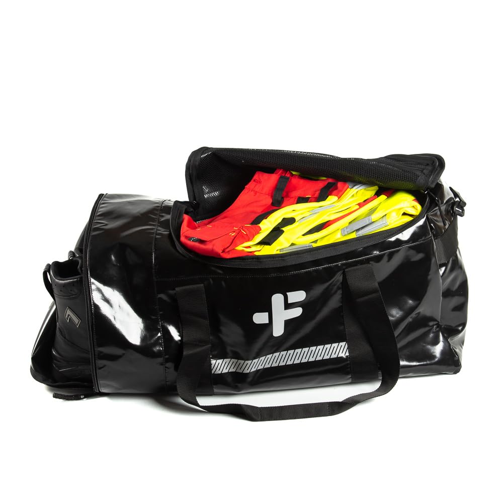 Bekleidungstasche 86L Schwarz - Feuerwehr Tasche & Rettungsdienst Tasche aus PVC Plan-Material - Sporttasche - Einsatztasche mit Schuhfach, Reflektorstreifen, Schultergurt, große Reisetasche