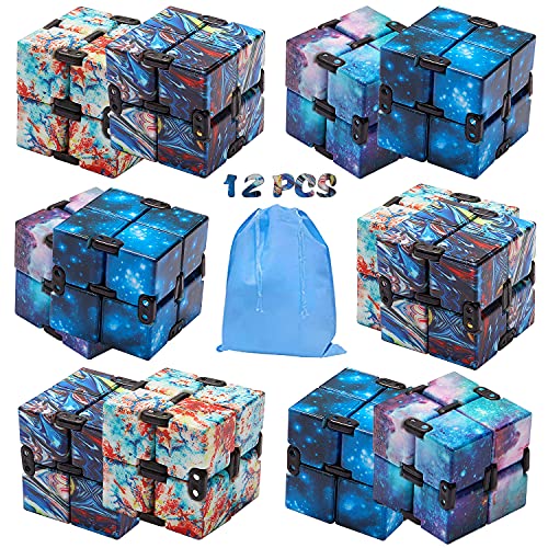 SUNCOO 12 PCS Infinity Cubes Fidget Toy, Sensory Stress and Anxiety Relief Fidget Cube Pack as Party Favors Birthday Return Gifts Easter Basket Stocking Stuffers for Kids (4 Galaxy Colors)