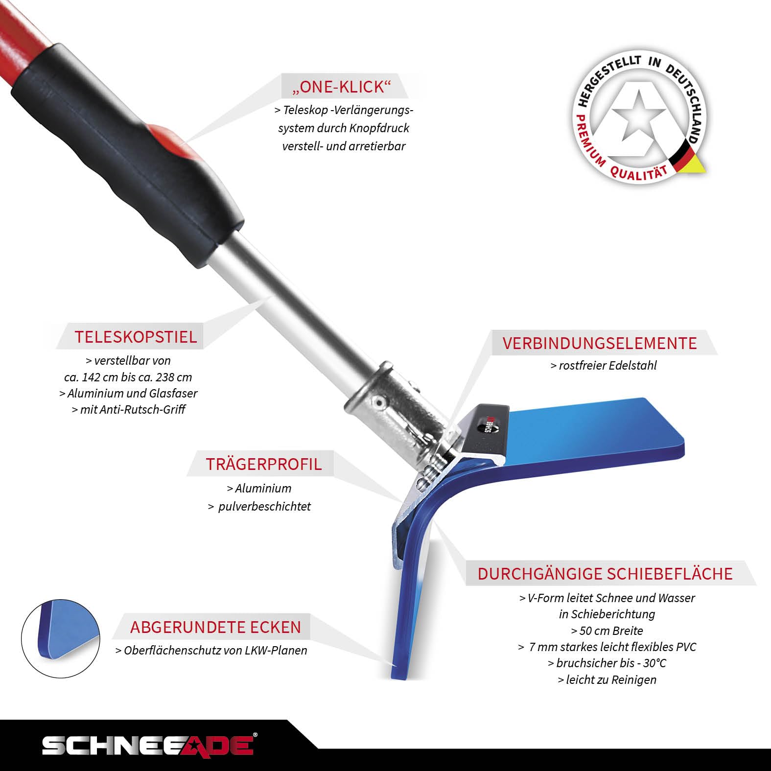 Ausziehbarer Universalschieber - beseitigt Schnee, Wasser, Eis | ADEtele | 50cm | LKW-Auflieger, PV-Anlagen, Schneeschieber, Wasserschieber, Teleskopstiel | Made in Germany | SCHNEEADE