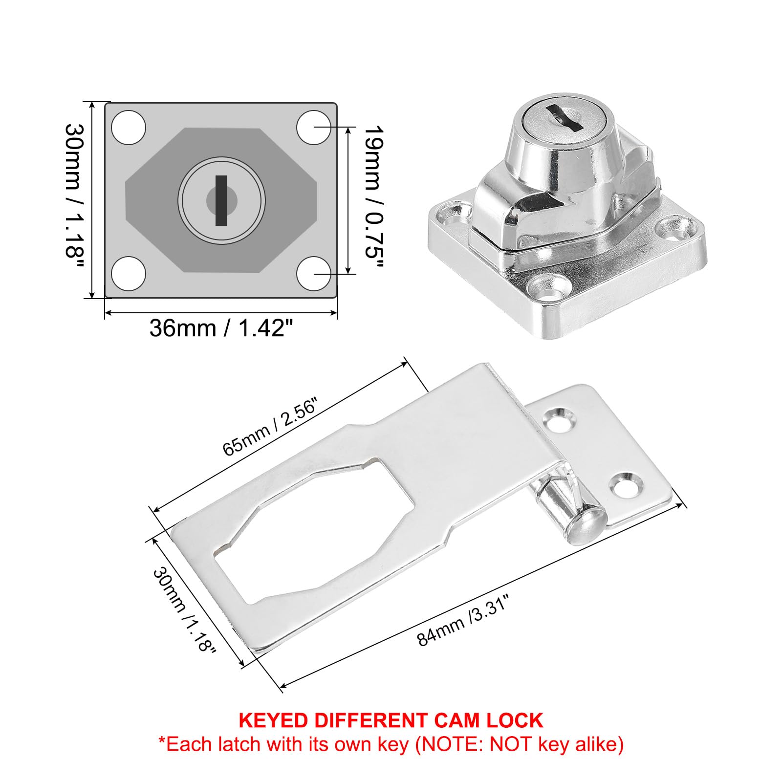 PATIKIL Keyed Hasp Locks Angle 90°, 3 Inch Twist Knob Locking Hasp Lock Metal Safety Hasp Latches for Cabinet Small Door, Keyed Different, Silver