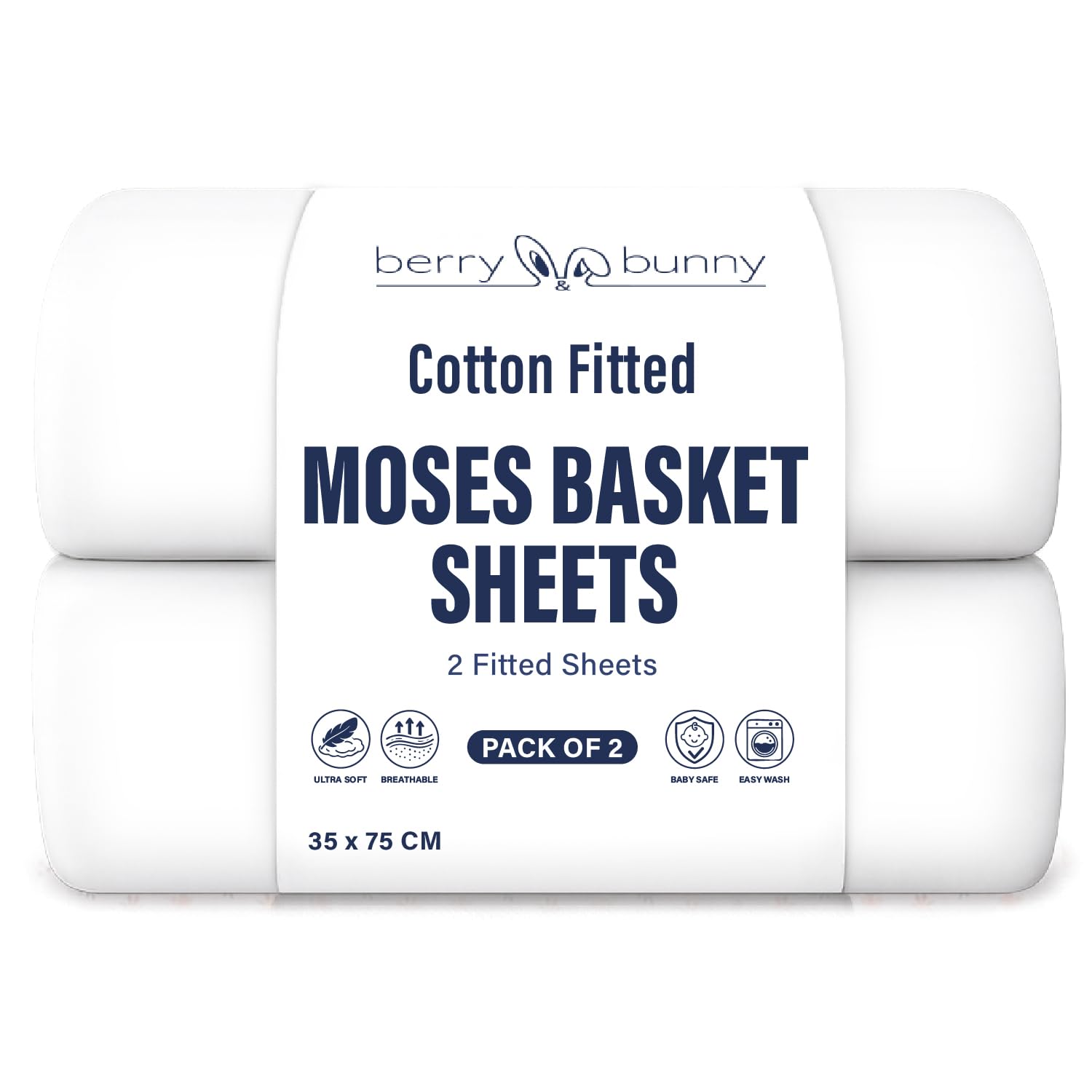 Berry and Bunny 100% Cotton Moses Basket Sheets Pack of 2, Soft Breathable Elasticated Baby Fitted Sheets, 35 x 75 cm, Deep Fit Mattress protector, Baby Bedding All Seasons — image 1