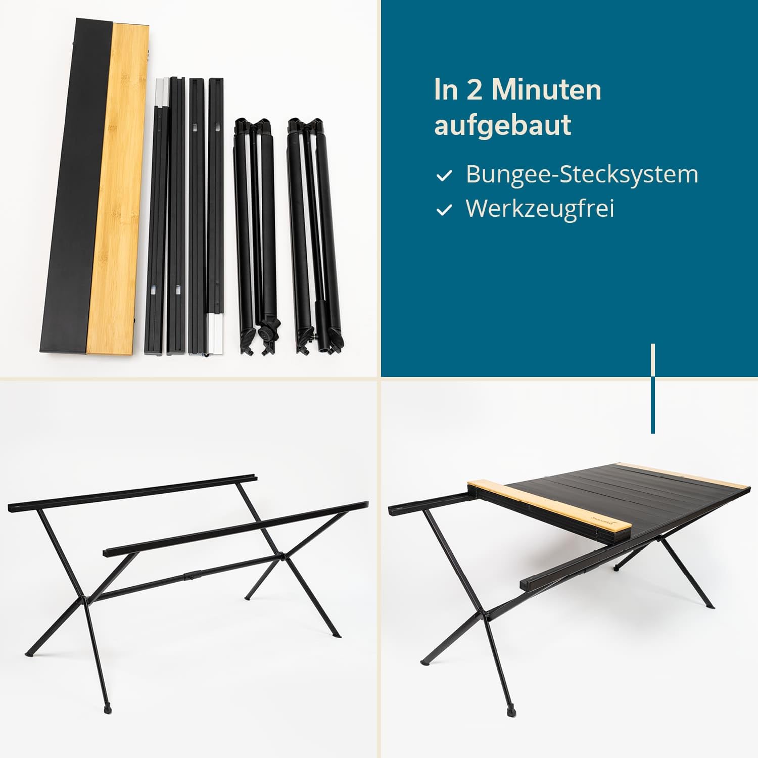 Skandika Tivaro aluminiowy stół kempingowy z drewna, dla 6 osób, udźwig 80 kg, 147 x 80 x 70 cm, wodoszczelny, składany, lekki, zwijany blat stołu do ogrodu, na kemping, do wędkowania