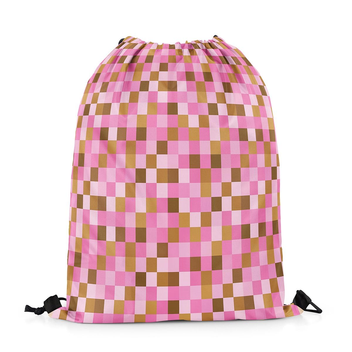 Castle Fairy Pixel Grid Theme Drawstring Backpack 13"X25",Cartoon Gamepad Water Resistant Beach Bag,Abstract Simple String Bag for Shopping Yoga,Brown Pink Sackpack for Gym Sports