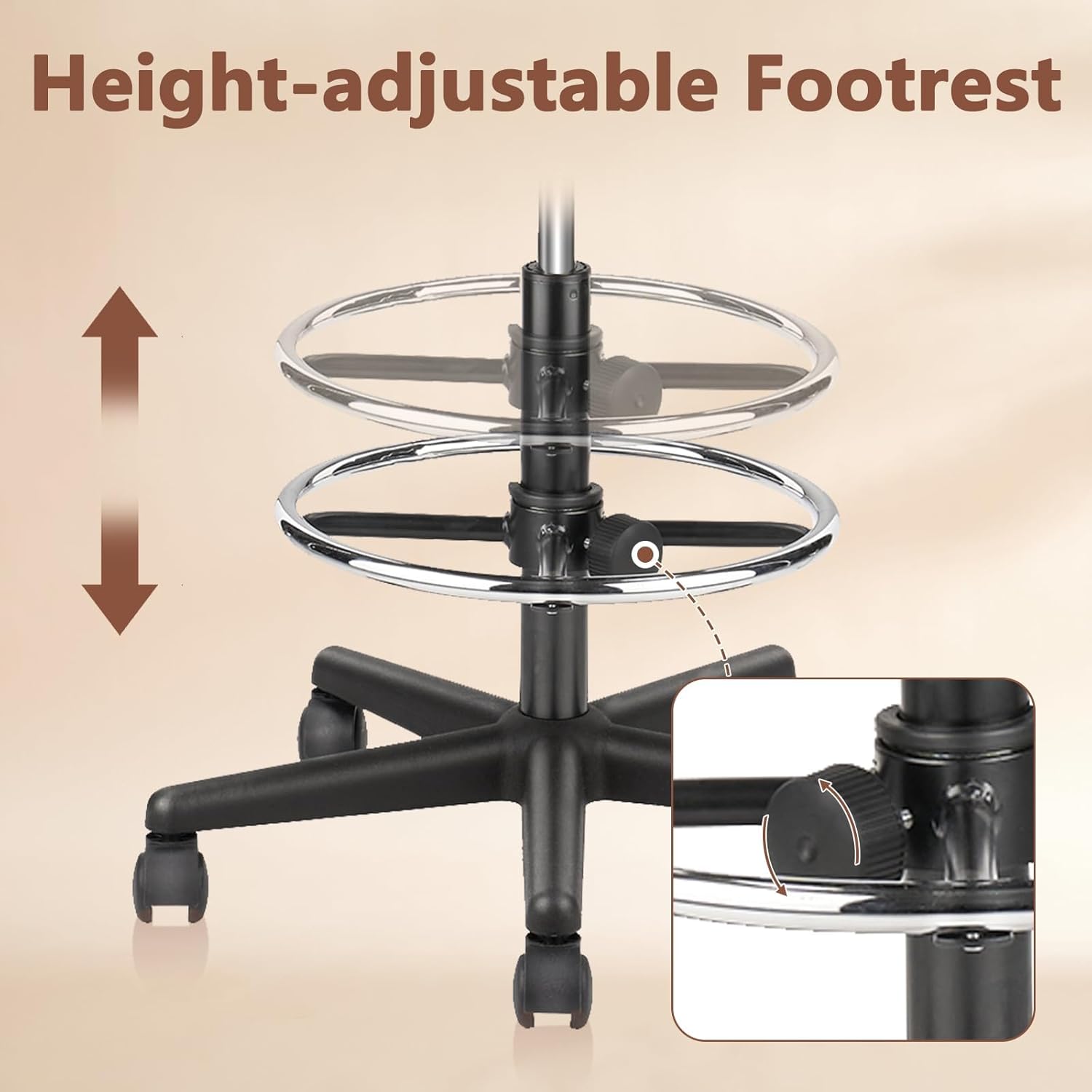 PU Leather Rolling Bar Stool with Wheels and Back, Tall Drafting Stool with Adjustable Height and Footrest, Multi-Purpose Office Desk Chair for Home Kitchen Shop Work, Black (1PK) - Image 4