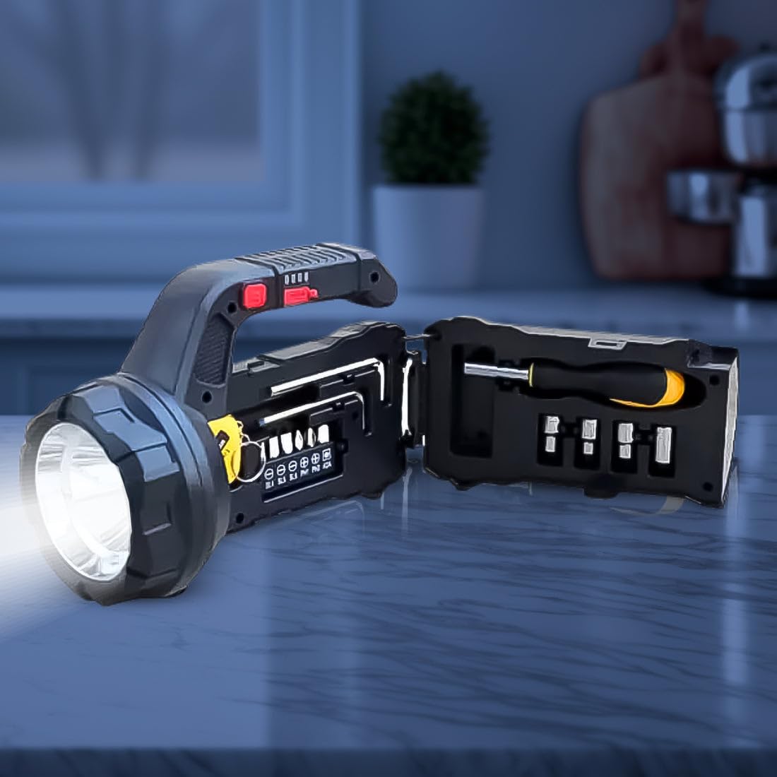 SOS Emergency Light with Toolbox | 18W Rechargeable LED Torch with Long Range Beam, 2400mAh Battery & Mini Repair Tool Kit | Camping Flashlight for Outdoor, Hiking & Emergency Use | Black-image-9