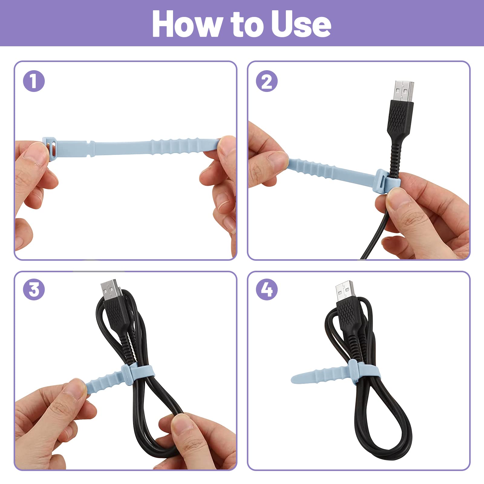 50 fascette in silicone riutilizzabili, fascette stringicavo in gomma per cavi, organizer per casa, ufficio, tavolo, scrivania. Fascette da 11,4 cm in bianco, nero, rosa, viola e blu