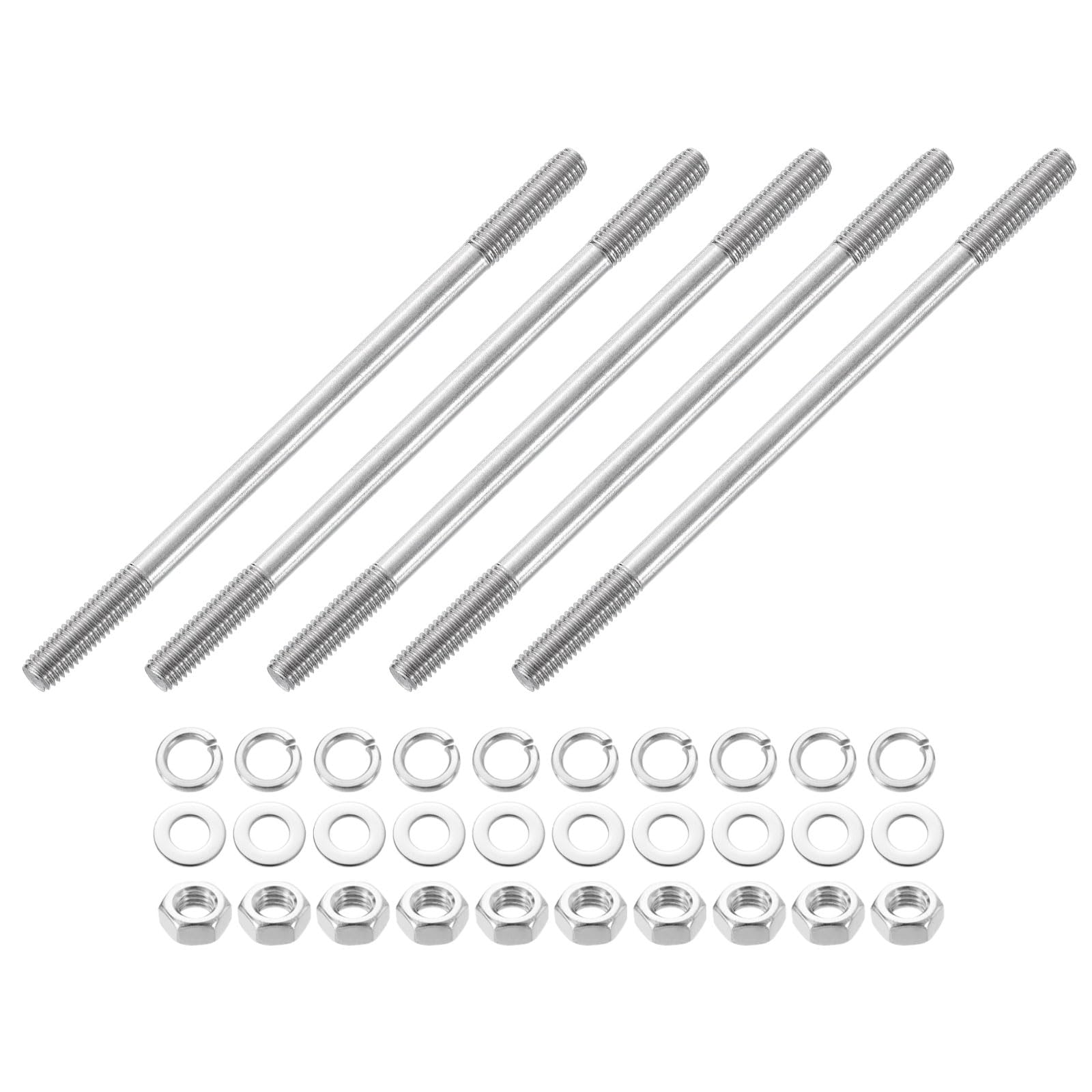sourcing map 5pcs Double Ended Stud Screws, M8x150mm 304 Stainless Steel Dual Threaded Rod Bolts with Nuts and Flat & Lock Washers Double End Threaded Stud Screw Bolt for House Maintenance