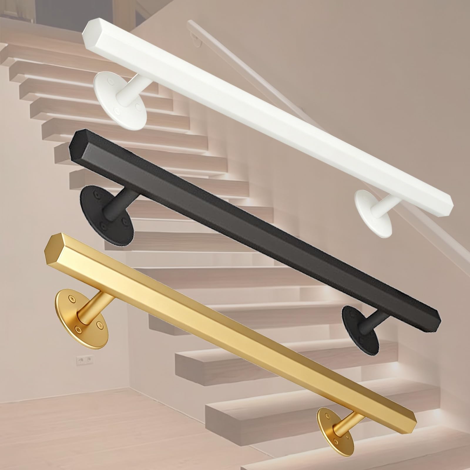 Black Six-Facet Wall Handrail, 35MM Diameter Metal Staircase Grab Bar,Wrought Iron Safety Handle, for Indoor & Outdoor(Black,100cm/3.3 ft)