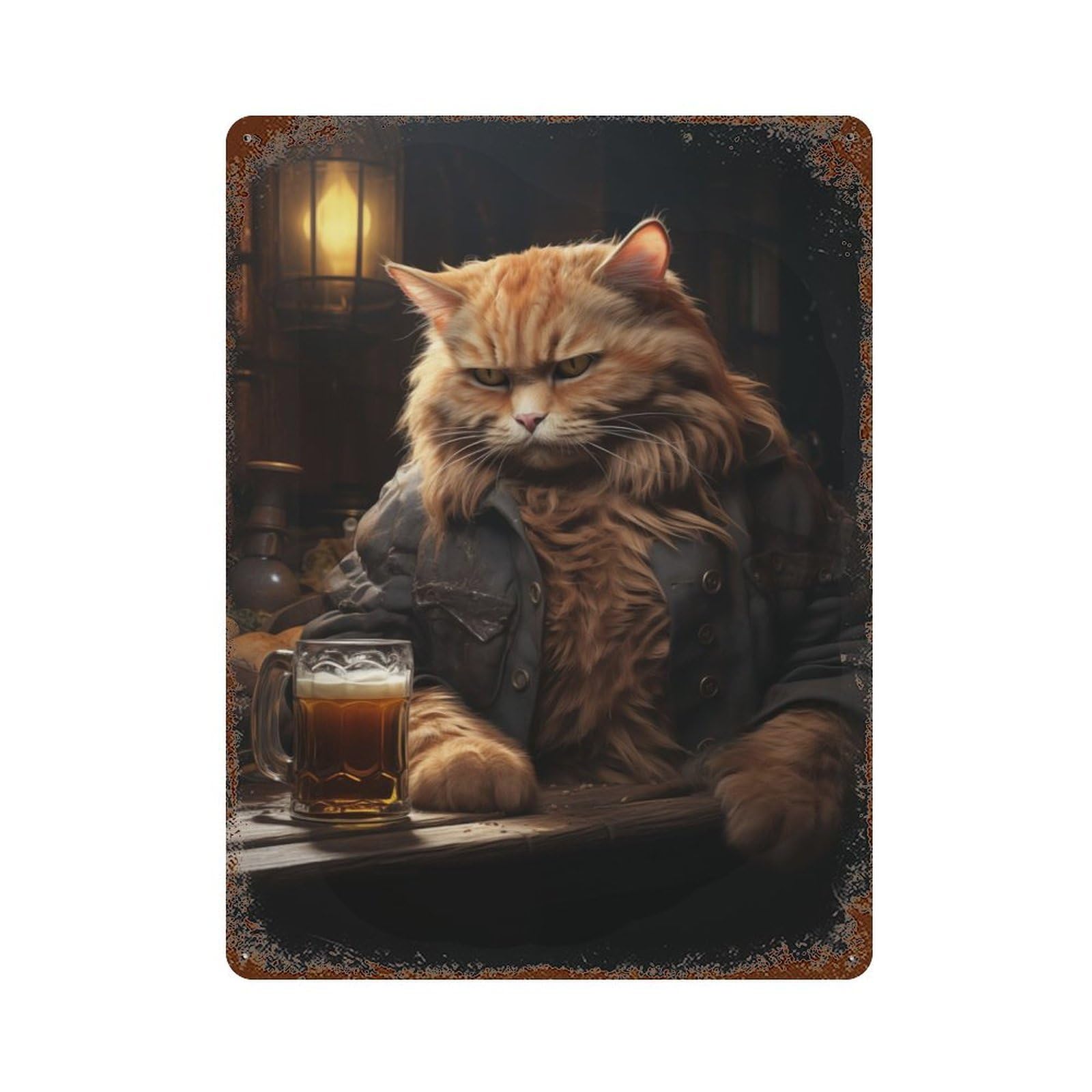 Garage Style Beer Cat Vintage Rust Metal Sign 15.7"x11.8", Rustic Home Decor for Bar And Workshop
